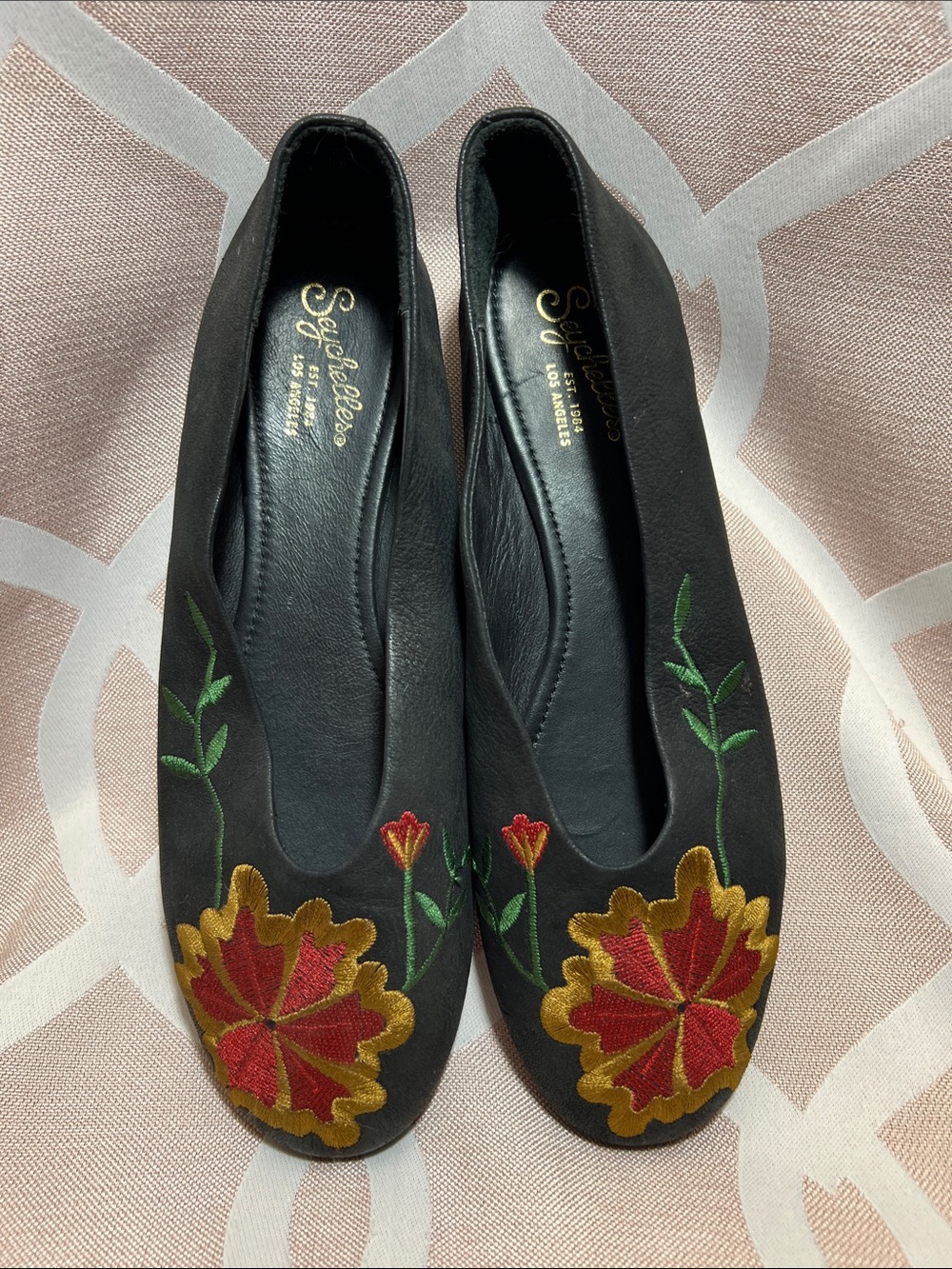 Seychelles Black Ballet Flats with Red and Gold Floral Embroidery
